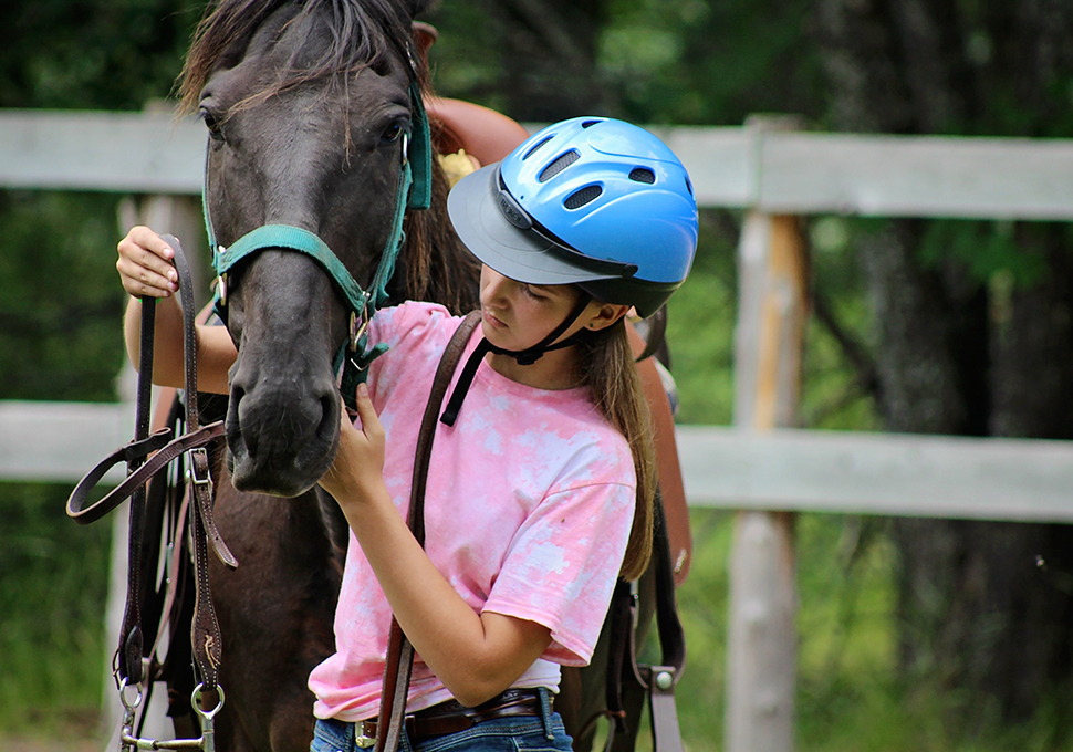 a photo of a girl putting or removing the harness for the horse