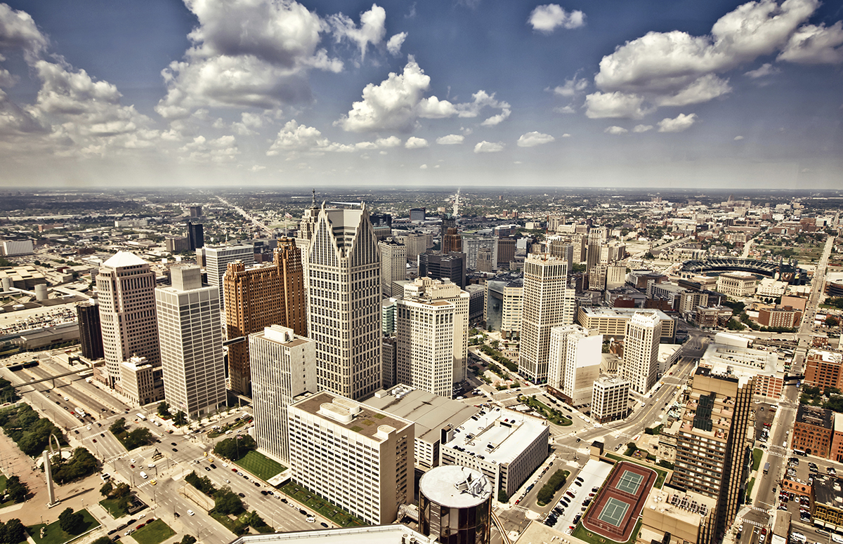 An aerial view of the City of Detroit and the surrounding area