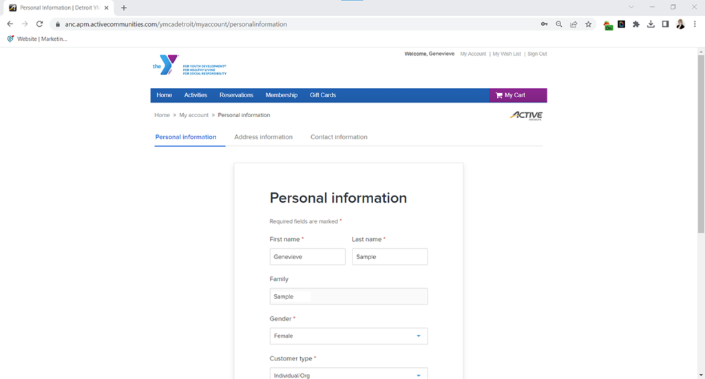 ACTIVENet account personal information page