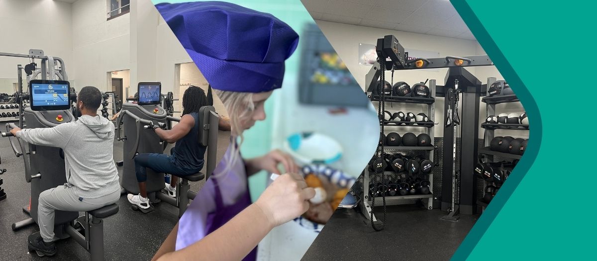 A photo collage of people working out at the South Oakland Family YMCA, a girl in a cooking class at the Y, and functional fitness equipment