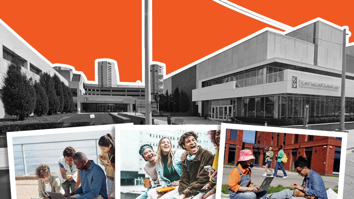 a graphic that contains an isolated street view of Wayne County Community College District Fort Street Campus and three photos of teens enjoying summer academic enrichment activities