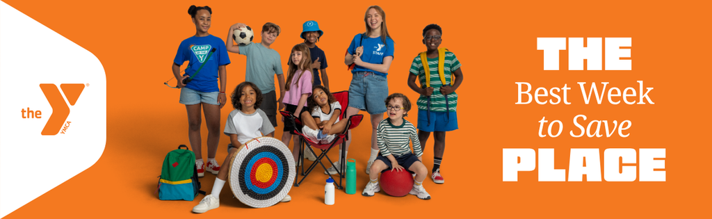 A photo of YMCA Day Campers and counselor isolated on an orange background along with the text "The best week to save place"